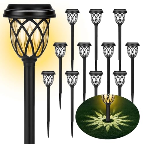 Solar Lights Outdoor 12 Pack, IP65 Waterproof Garden Landscape Lighting for Patio Yard Driveway（Warm White）