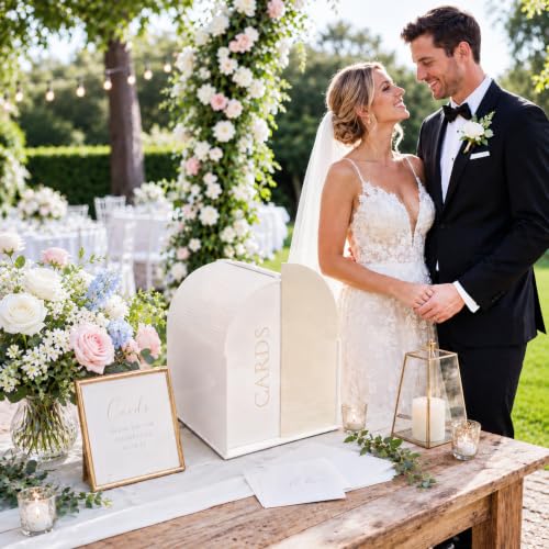 White Arched Wedding Card Box with Light Beige Standee & Erasable Pen | Acrylic Wedding Card Boxes for Reception, Wide Slot, Wedding Box for Cards and Money, for Birthday Graduation Baby Shower - color: Light Beige