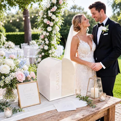 White Arched Wedding Card Box with Light Beige Standee & Erasable Pen | Acrylic Wedding Card Boxes for Reception, Wide Slot, Wedding Box for Cards and Money, for Birthday Graduation Baby Shower - color: Light Beige