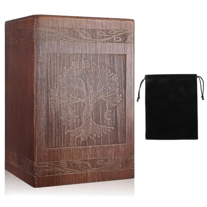 Wooden Cremation Urn with Satin Bag for Burial | Tree of Life Decorative Funeral Memorial Urns Box for Human Ashes Men Women Child or Pet Cat Dog, (222 Cubic Inch)