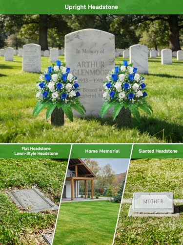 Mirevielyn 2-Pack 24 Stems Artificial Rose Cemetery Flowers with Vases - color: Blue & White (Full Bouquet)