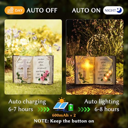 Solar Bible Cross Garden Statue Light, Memorial Grave Decor for Cemetery | IP65 Waterproof Resin Cross Flower with Stakes, Remembrance for Loss of Loved One, Outdoor Yard Patio Lawn Decoration