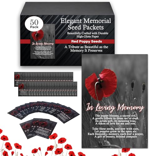 50pc RED Premium Pre-Filled Red Poppy Seeds Funeral Favor Packets, Funeral Decorations, Celebration of Life Decorations, Celebration of Life Ideas, Memorial Cards (50)