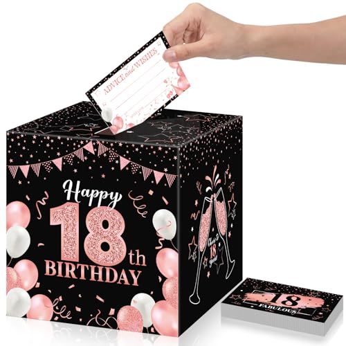 Funrous 18th Birthday Party Message Card Box Cheers to 18 Years Black Rose Gold Advice and Wishes Greeting Card Box for Girls Women Birthday Decorations Party Supplies Anniversary Tables Sign Decor - color: Rose Gold, style: 18th Birthday