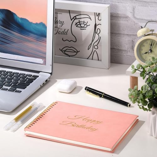 Mooliwe Birthday Guestbook with Pens Stickers Pink Spiral Hardbound Book 8.3 x 6.5 Inch Hardcover Hardbound Signature Guest Book for Photobooth Photo Strips Scrapbook Party Supplies (Pink Birthday) - color: Pink