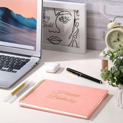 Mooliwe Birthday Guestbook with Pens Stickers Pink Spiral Hardbound Book 8.3 x 6.5 Inch Hardcover Hardbound Signature Guest Book for Photobooth Photo Strips Scrapbook Party Supplies (Pink Birthday) - color: Pink
