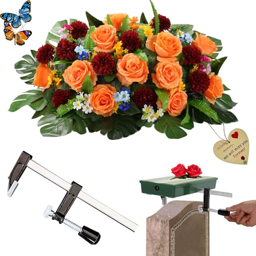 Fall Grave Saddle Flowers for Cemetery Headstones - with Heavy-Duty Clamps | Christmas Tombstone Flower Saddle,Memorial Gravestone Saddles Gravesite Decor,Never Be Blown Away,Tribute for Your Loved Ones - color: Orange