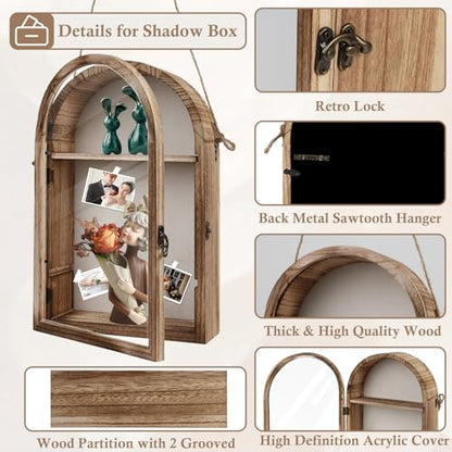 Large Shadow Box Frame with Storage Drawer - Deep Wood Memory Box Display Case with Hinged Door & Linen Back, Rustic Wedding Gifts for Bouquet, Medals, Photos & Pet Memorial Keepsakes (Brown)