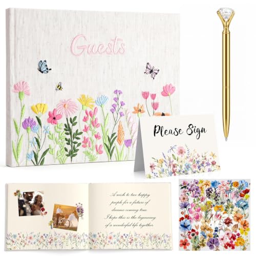 Ctosree Wildflower Baby Shower Guest Book with Pen,Colorful A,10 * 8 Inch | Hard Cover Embroidered Fabric, Gold Pen Stand Sign Stickers, Wedding Reception Bridal Shower Party Memory Keepsake - color: Colorful, size: 10*8 Inch