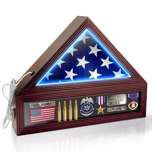 Flag Display Case, Fits Folded 3x5' American Flags (Not for Burial Flag), Military Flag and Certificate Shadow Box with LED Lights, Flag Cases for Wall Mounted or Tabletop