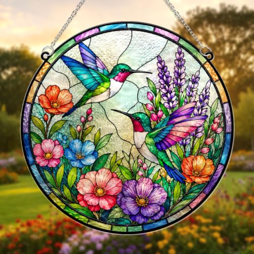 Hummingbirds with Flowers Memorial Suncatcher, 8" Christian Stained Glass Wavy Acrylic, Sympathy Gift for Loss of Loved One, Mom, Dad, Grandma, Family Members, Religious Gifts for Women - color: Hummingbird Round