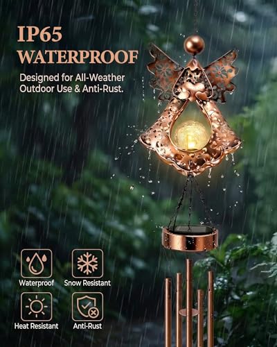 41" Large Angel Solar Wind Chimes for Outside, Metal Garden Decor | Warm Solar Glow & Soft Chimes for Garden Patio - Memorial, Sympathy or Birthday Gift for Mom & Grandma
