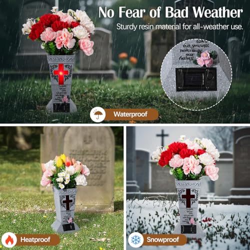 Lewondr Solar Cemetery Vases for Grave, Cross Grave Vases with Spikes | Waterproof Memorial Flower Holder with Solar LED Cross Light,Sympathy Gifts for Loss of Loved One, Gray - color: Gray