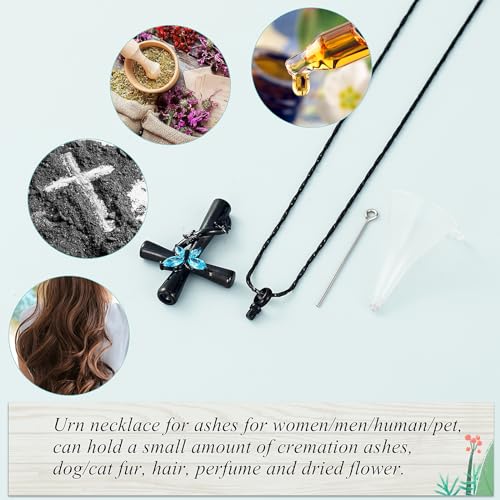 Imrsanl Cross with Butterfly Urn Necklaces for Ashes for Women - color: Black Light Blue