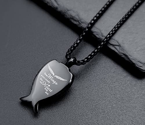 YOUFENG Fishing Hook Urn Necklace for Ashes Stainless Steel Cremation Jewelry Always in My Heart Ashes Necklaces Memorial Keepsake for Men - color: Black Angel-Wing