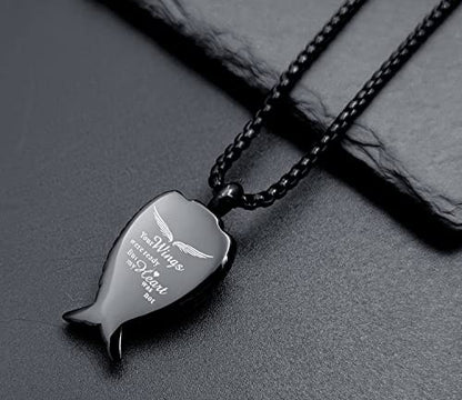 YOUFENG Fishing Hook Urn Necklace for Ashes Stainless Steel Cremation Jewelry Always in My Heart Ashes Necklaces Memorial Keepsake for Men - color: Black Angel-Wing