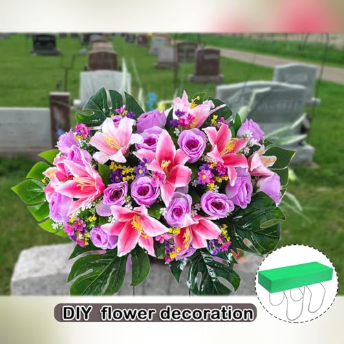 GRPFS 3 Pack Cemetery Saddles for Headstones 12 Inch Galvanized Gravestone Saddle with Flower Foam Blocks，Cemetery Headstones for Graves
