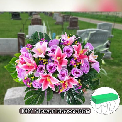 GRPFS 3 Pack Cemetery Saddles for Headstones 12 Inch Galvanized Gravestone Saddle with Flower Foam Blocks，Cemetery Headstones for Graves