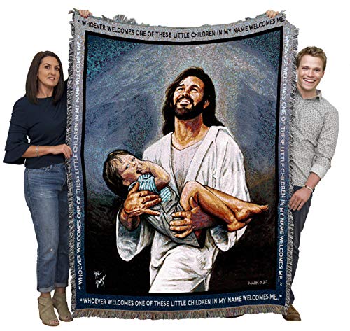 Ian Blanket by Stephen Sawyer - Whoever Welcomes One Of These Children In My Name Welcomes Me - Scriptures - Mark 9:37 - Religious Gift Tapestry Throw Woven from Cotton - Made in the USA (72x54) - color: Mark 9:37