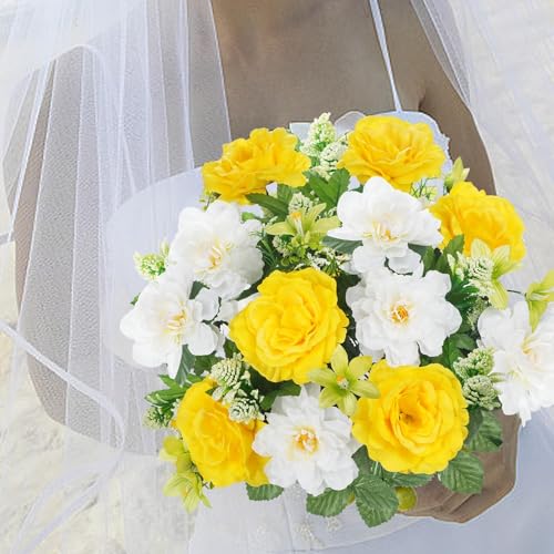 Cemetery Flowers for Grave 2pcs Artificial Yellow Rose for Outdoors - color: Yellow White-2pcs