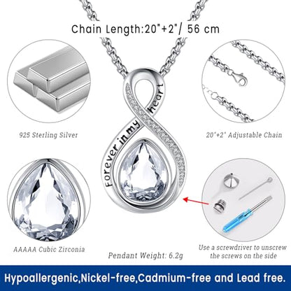 Eusense Cremation Jewelry for Ashes Urn Necklace to Put Ashes In 925 Sterling Silver Memorial Pendant Tree of Life Infinity Urn Necklaces for Ashes Necklace for Women Men - style: F-Infinity Urn-04-Apr.-CZ Clear White