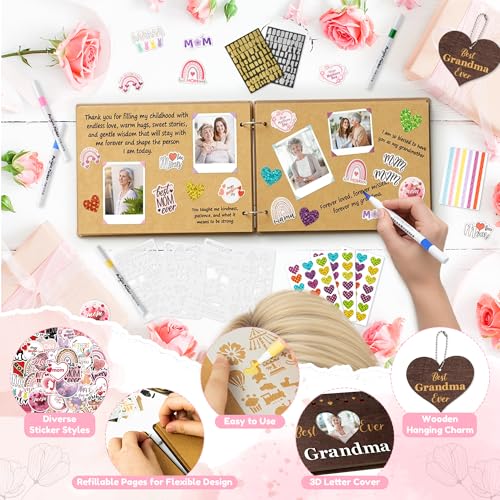 CY2SIDE Best Grandma Ever Album Scrapbook - Mother’s Day Wooden Scrapbook Craft Kit, DIY Photo Memories Book with 30 Pages Birthday Gift for Mother’s Day, DIY Handmade Scrapbook Gift for Grandmother - style: Best Grandma Ever