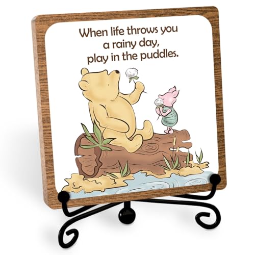 Inspirational Winnie Desk Sign, Positive Affirmation Table Decor, 5″x 5″ | Motivational Gifts for Women, Men, Friends, Coworkers, Positive Office Decorations for Desks, Cubicles, Shelves - style: Play in the puddles