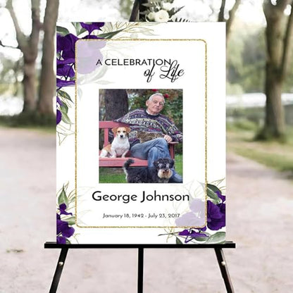 Purple and Gold Floral Funeral Welcome Sign, Celebration of Life Welcome Sign, in Loving Memory Sign, Celebration of Life Funeral Sign, Celebration of Life Sign, Memorial Sign with Photo #Yu1 - color: Version #4