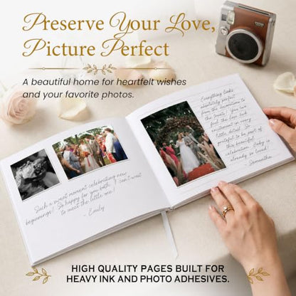Wedding Guest Book, 100 Blank Pages, 9×7" Gold Foil Hardcover - color: White