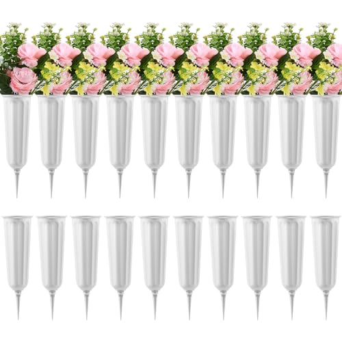 20 Pack Cemetery Vases with Spikes,Plastic Vases for Flowers,Grave Decorations for Cemetery,Grave Flower Holder,Memorial Floral Vase(White) - color: White