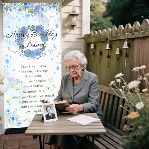 Happy Birthday in Heaven Door Banner Funeral Remembrance Decoration Funeral Memorial Flags for Cemetery Happy Heaven Birthday Door Banner 35.4x70.8 inch (blue)