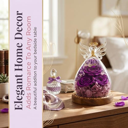 Preserved Real Rose Eternal Rose in Glass Angel Figurine with LED Light, Forever Flowers Angel Gift for Women Her Mom on Valentine's Day Christmas Birthday Anniversary (Purple, 5.8 Inch) - color: Purple