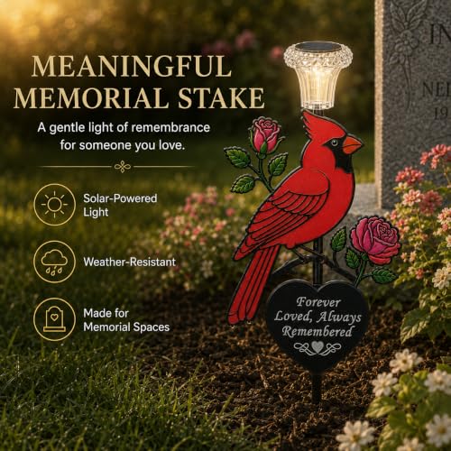 Solar Cardinal Memorial Garden Stake with 'Always Loved, Never Forgotten' Sentiment, Red Bird and Rose Design (Heart Shaped)