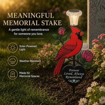 Solar Cardinal Memorial Garden Stake with 'Always Loved, Never Forgotten' Sentiment, Red Bird and Rose Design (Heart Shaped)