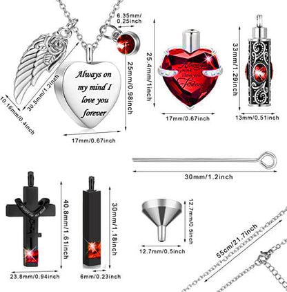 5 Piece Urn Necklace for Ashes, Red Cremation Jewelry for Ashes, Crystal Heart Cross Cubic Ashes Necklace with Angel Wing, Ashe Keepsake for Men and Women with Small Spoon, Funnel, Velvet Bag - color: red