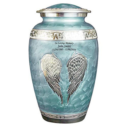 Custom Engraved Angel Wings Funeral Cremation Urn with Matching Keepsake and Velvet Bag (Sky Blue, Large) - color: Sky Blue, size: Large