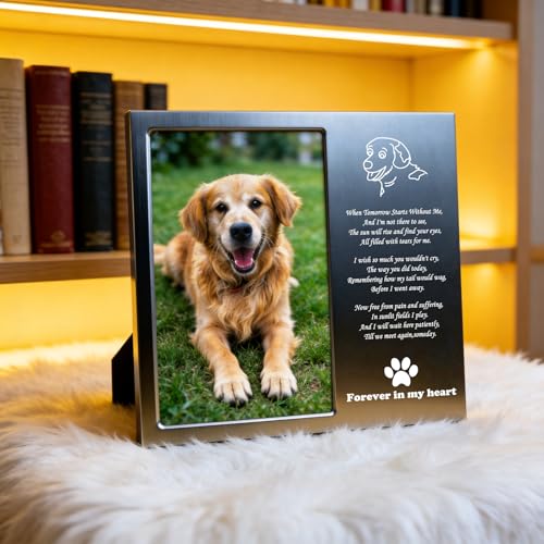Dog Memorial Picture Frame 4x6, Dog Memorial Gift for loss of Dog (1S) | Angel Rainbow Bridge Prayer Card Included, Premium Aluminum Alloy Material, Packaged in an Elegant Plastic Gift Box - color: Silver - Kind Face