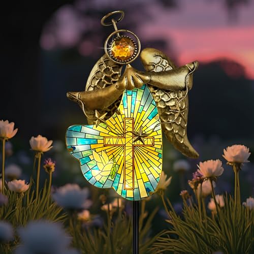 Metal Angel Solar Cross Outdoor Garden Stake for Cemetery Grave Decoraitons | Outdoor Solar Christmas Decorations Pathway Yard Decor,Patio,Garden,Sympathy Memorial Gifts - color: Angel-02