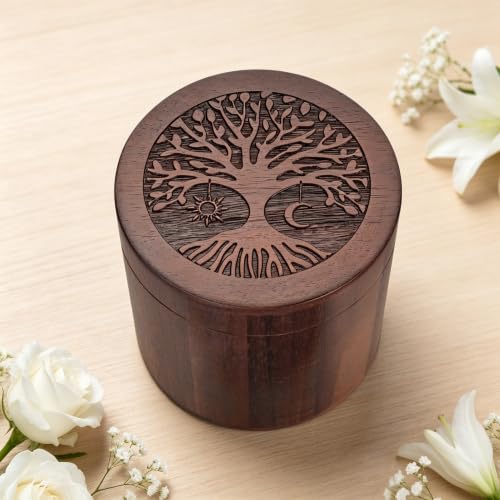 Dletay Small Urns for Human Ashes, 3.94Inch Memorial Wooden Box, Acacia Wood Cremation Urns for Male Female, Burial Decorative Tree of Life Ashes Keepsake