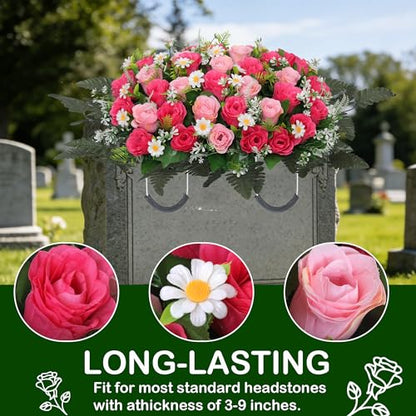 Wocst Headstone Flower Saddle,Large Artificial Cemetery Flowers for Grave Artificial Roses Daisy Saddle for Cemetery Headstone (Pink) - color: Pink