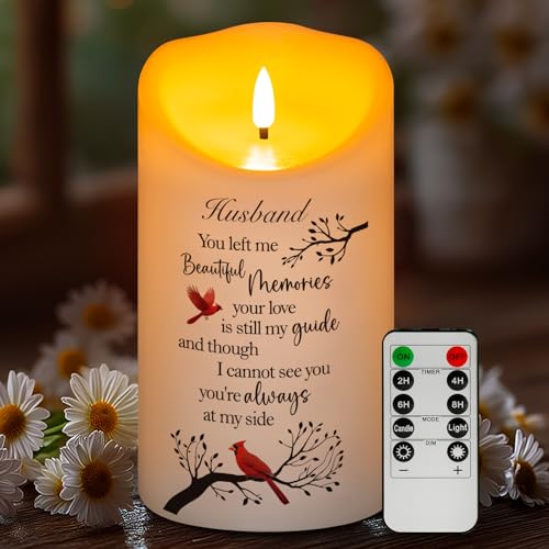 Flameless Memorial Candle for Loss of Husband, Real Wax LED Light with Remote Sympathy Bereavement Gifts for Loss of Loved One Memorial Gifts for Loss of Husband Remembrance Gifts (4" x 7") - color: Husband