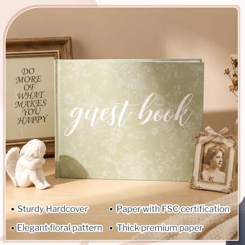 Engrowtic 7 x 9 Inches Floral Guest Book with Pen Hardcover Guestbook Registry Book for Wedding Bridal Shower Baby Shower Graduation Birthday Funeral Anniversary Reception, 50 Sheets 100 Pages (Green) - color: Green