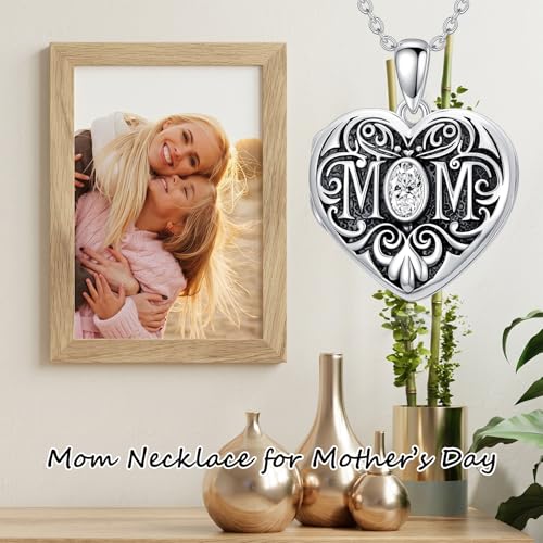 Mom Photo Locket Necklace 925 Sterling Silver Mothers Necklace Mother Photo Locket Pendant Mom Jewelry for Mother's Day - color: mom-no custom