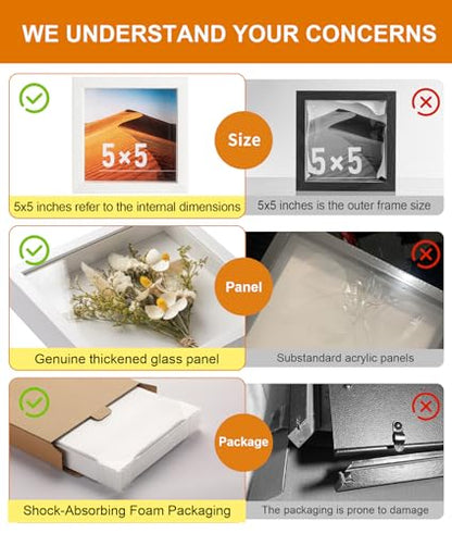 5x5 Small Shadow Box Frame with Ultra-Clear Glass & Soft Linen Back | With Push Pins, Deep 1.2" White Shadow Box Display Case – Display on Tabletop or Wall for Insect, Photo, Flower, Keepsakes - color: White+high Definition Panel + Shatter-proof Packaging