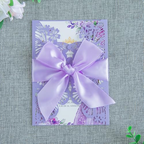 20 PCS 5.12x7.2 Butterfly Personalized Quinceanera Invitation, Customized XV Anos Laser Cut Invitation Cards with Envelopes (Violet Personalized) - color: 20 PCS Violet Personalized