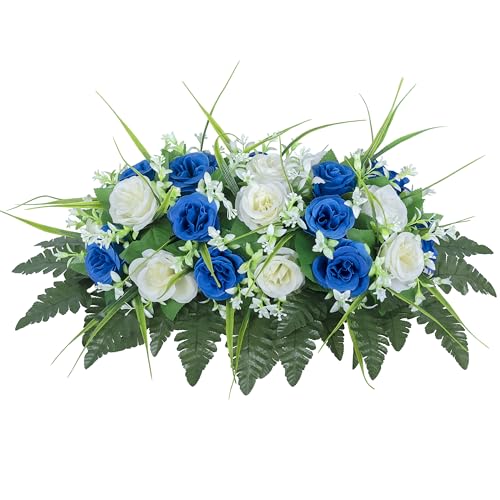 DONODA Cemetery Tombstone Flower Saddle - Outdoor Grave Decorations - Non-Bleed Colors, Rose Combination Flower (Dark Blue and White Saddle) - color: Dark Blue and White Saddle