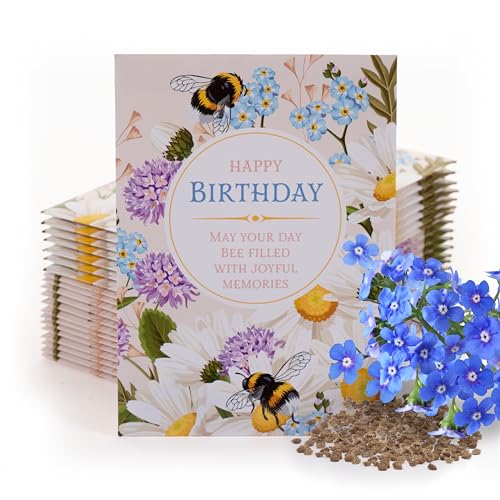 Happy Birthday Bee Forget Me Not Seed Packets - Set of 25 - Thank You Gifts - Wildflower Seeds for Planting - Floral Gifts - Thank You Card - Wild Flowers Bulk - style: Happy Birthday