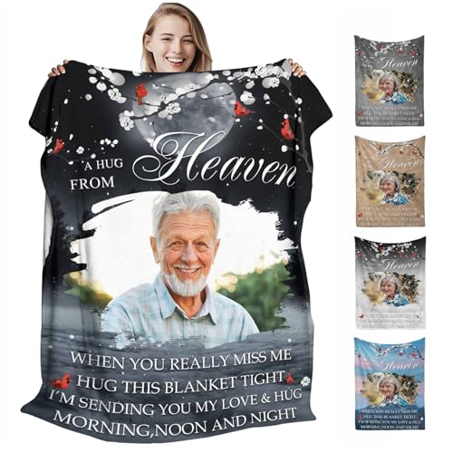 D-Story Custom Hug from Heaven Memorial Blanket with Photos for Loss of Loved One, in Loving Memory Gifts Sympathy Gift Personalized Remembrance Blanket for Loss of Dad Mom Husband Wife, Made in USA - color: Hug Heaven