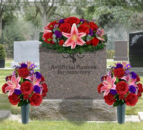 Artificial Cemetery Flowers with Vase, Artificial Rose Lily Carnation Bouquet, Graveyard Memorial Flowers for Cemetery Headstones Decoration