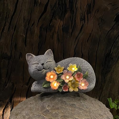 Solar Cat Garden Statue, Resin Solar Cat Lights for Outside - color: Gray With Colorful Flowers--lying Cat